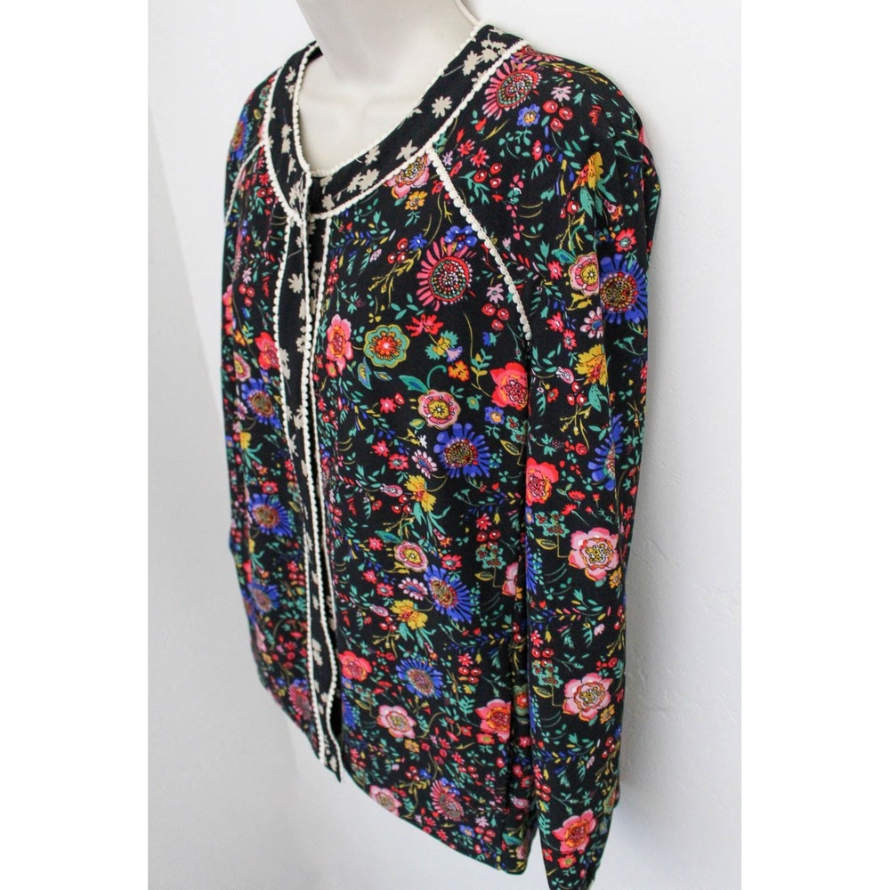 LOGO Lori Goldstein Jacket Large Black Floral Snap Buttons Long Sleeve Pockets - Picture 3 of 9